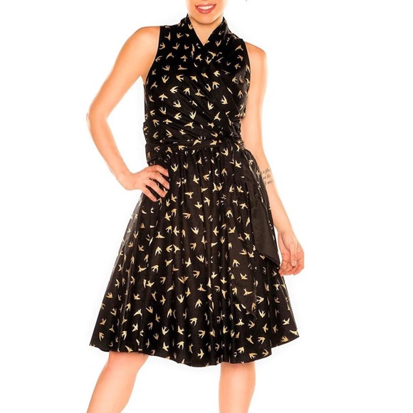 Retrolicious L Fit & Flare Dress Bird Print Pin‎ Up Sleeveless Black Gold USA - Picture 1 of 14